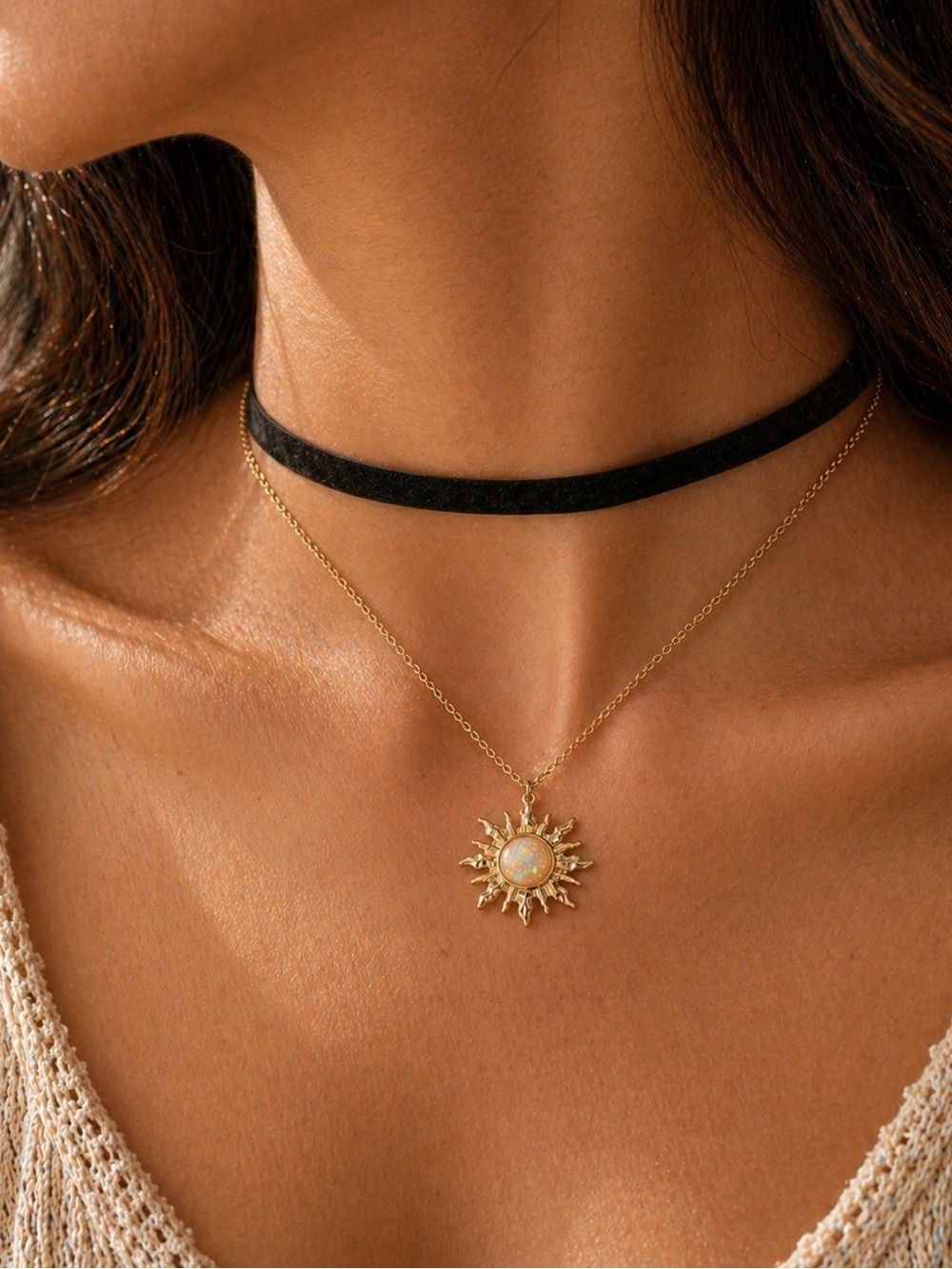 Gold Sunburst Opal Pendant Necklace | Black Velvet Choker | Boho | Layered Set